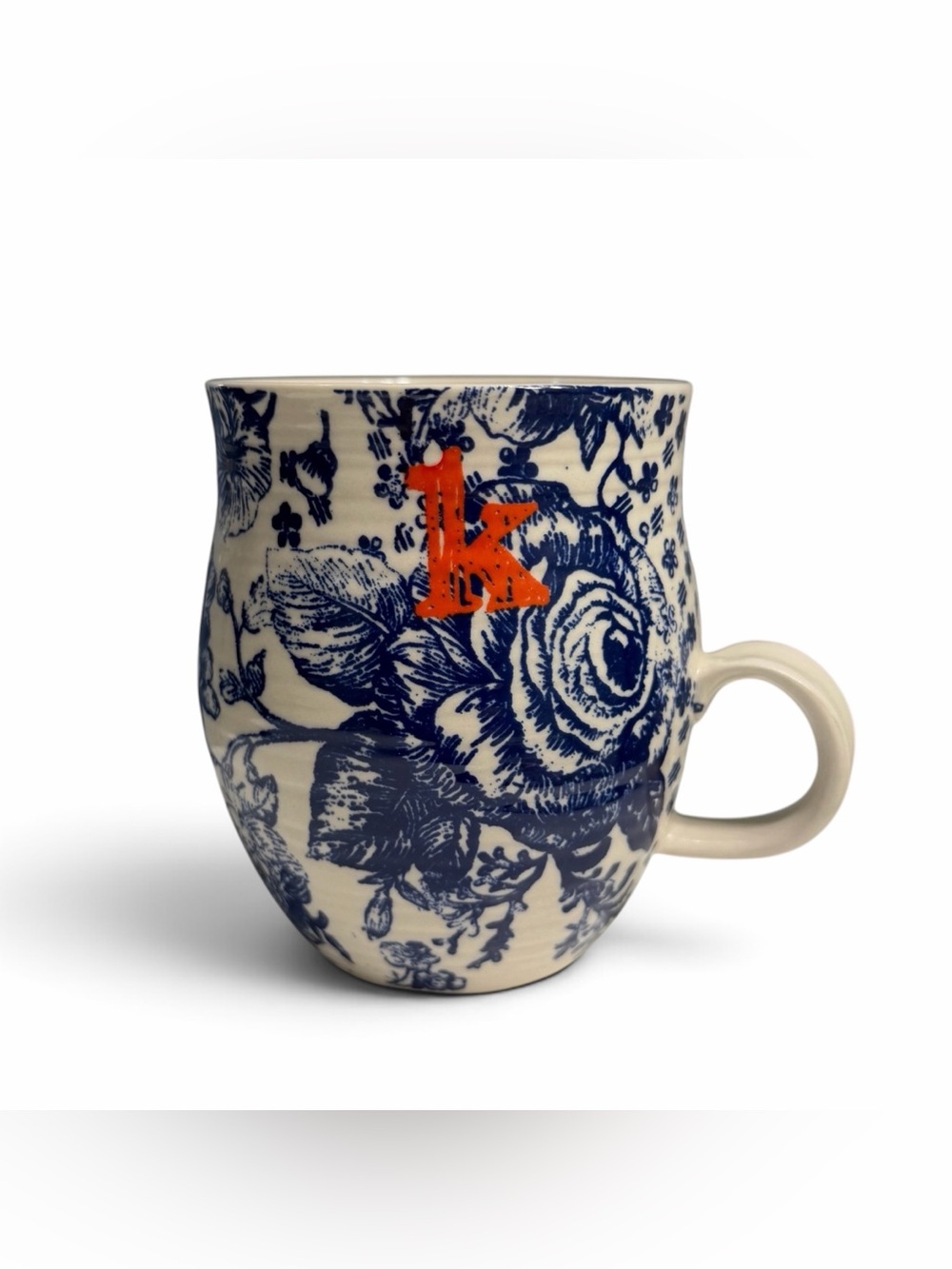 Anthropologie Homegrown Monogram K Mug Blue Floral Toile Bird Coffee Cup